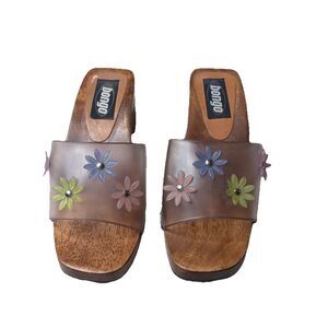 Vintage Y2K 90s Bongo Leather Buckle Wood Wedge Platform Open Toe Clogs Sz 6